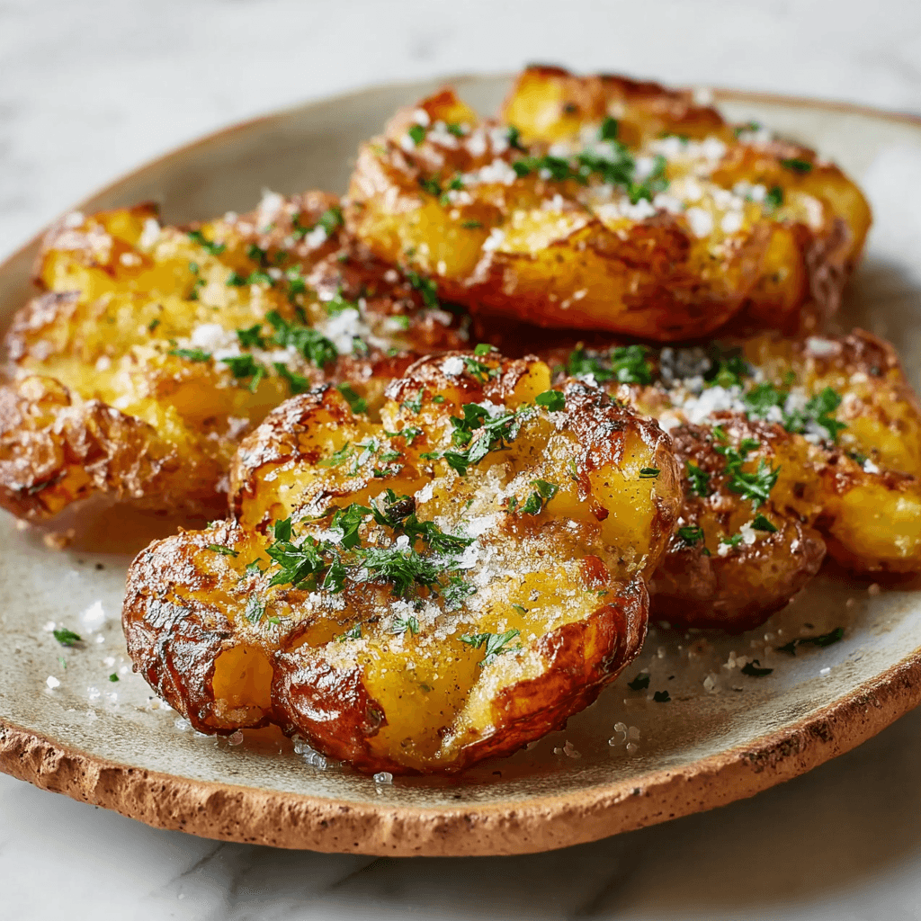 A pile of golden crispy parmesan smashed potatoes with garlic butter and fresh parsley on parchment paper showing caramelized craggy edges and a nutty parmesan crust on every surface.